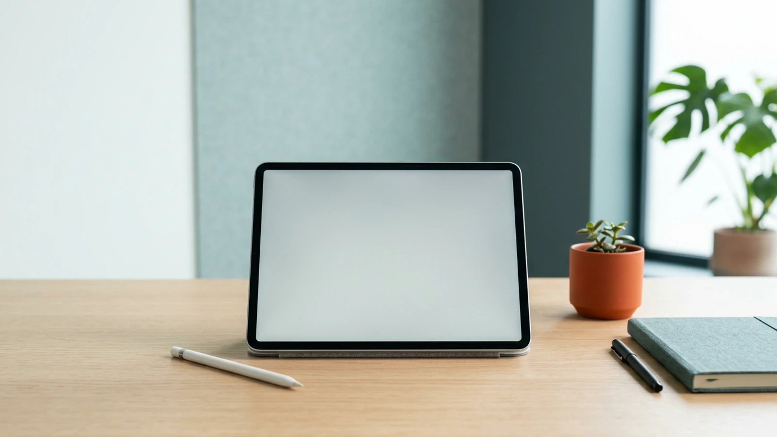 Calm abstract workspace light in brand mint and teal with warm accent suggesting Assistant-supported drafting